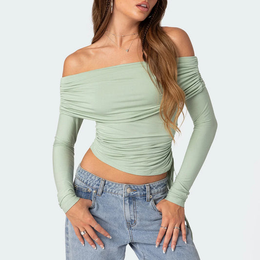 Off Shoulder Ruched Long Sleeve Drawstring Hem Slim Fit Y2k Sexy T-shirt