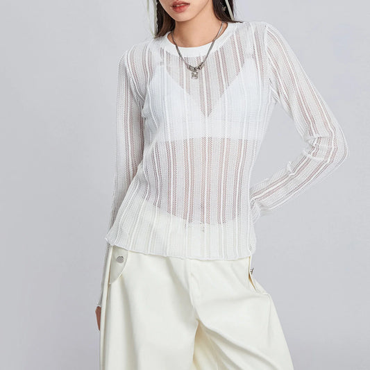 See-Through Long Sleeve Crewneck Ribbed Loose Going Basic Fairy Streetwear Crop Sexy T-shirt