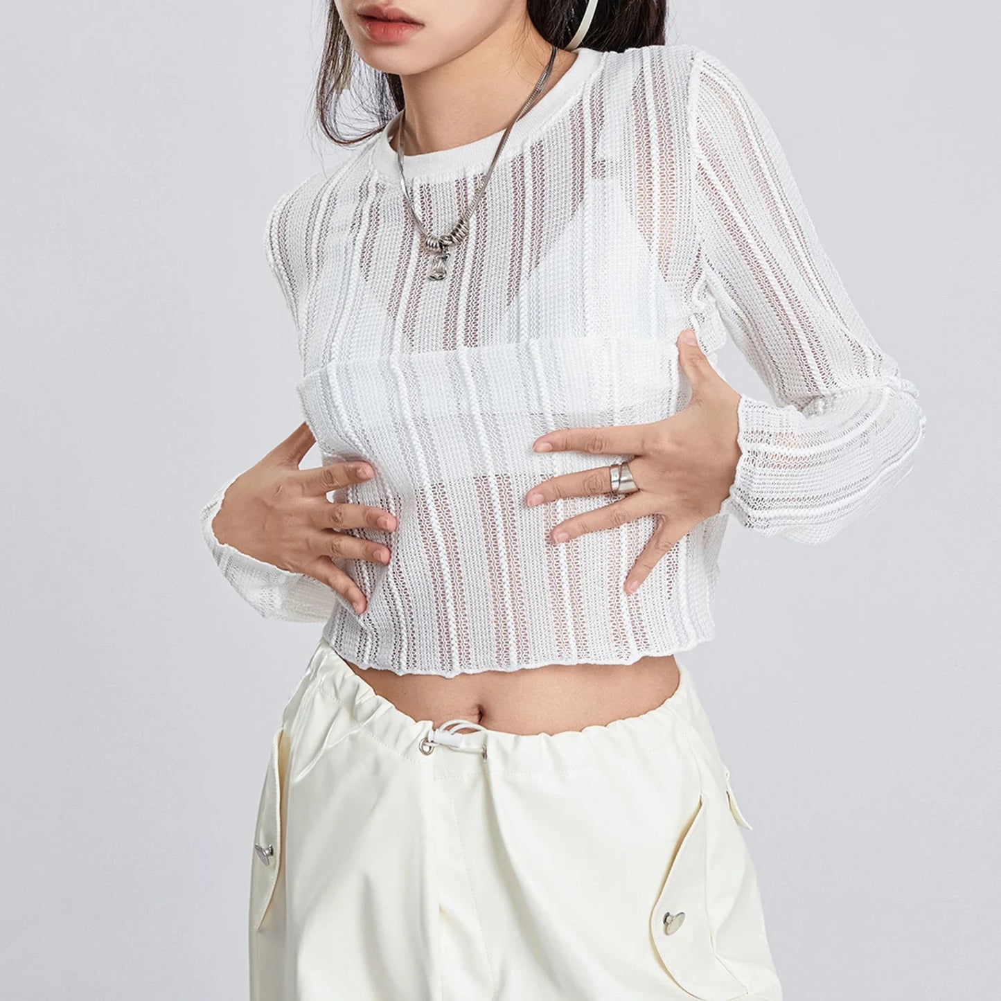 See-Through Long Sleeve Crewneck Ribbed Loose Going Basic Fairy Streetwear Crop Sexy T-shirt