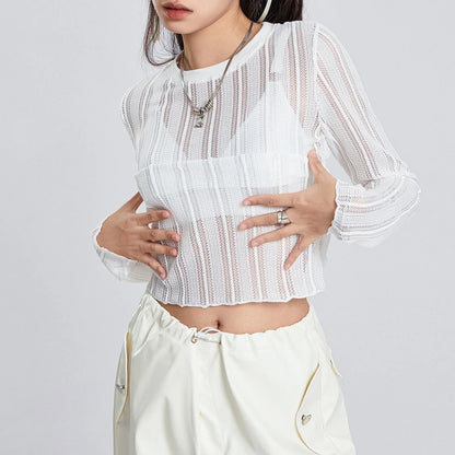 See-Through Long Sleeve Crewneck Ribbed Loose Going Basic Fairy Streetwear Crop Sexy T-shirt