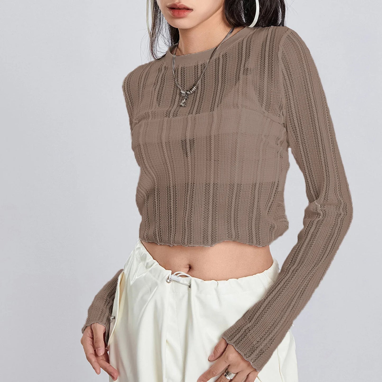 See-Through Long Sleeve Crewneck Ribbed Loose Going Basic Fairy Streetwear Crop Sexy T-shirt