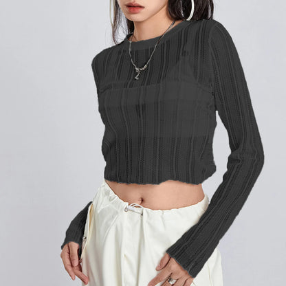 See-Through Long Sleeve Crewneck Ribbed Loose Going Basic Fairy Streetwear Crop Sexy T-shirt