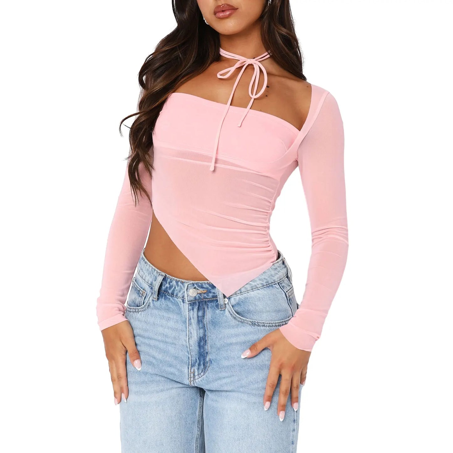 Sheer Mesh Crop Square Neck Long Sleeve Asymmetric Going Fairy Grunge Streetwear Sexy T-shirt