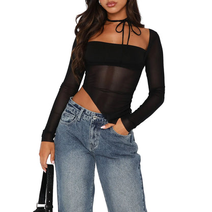 Sheer Mesh Crop Square Neck Long Sleeve Asymmetric Going Fairy Grunge Streetwear Sexy T-shirt