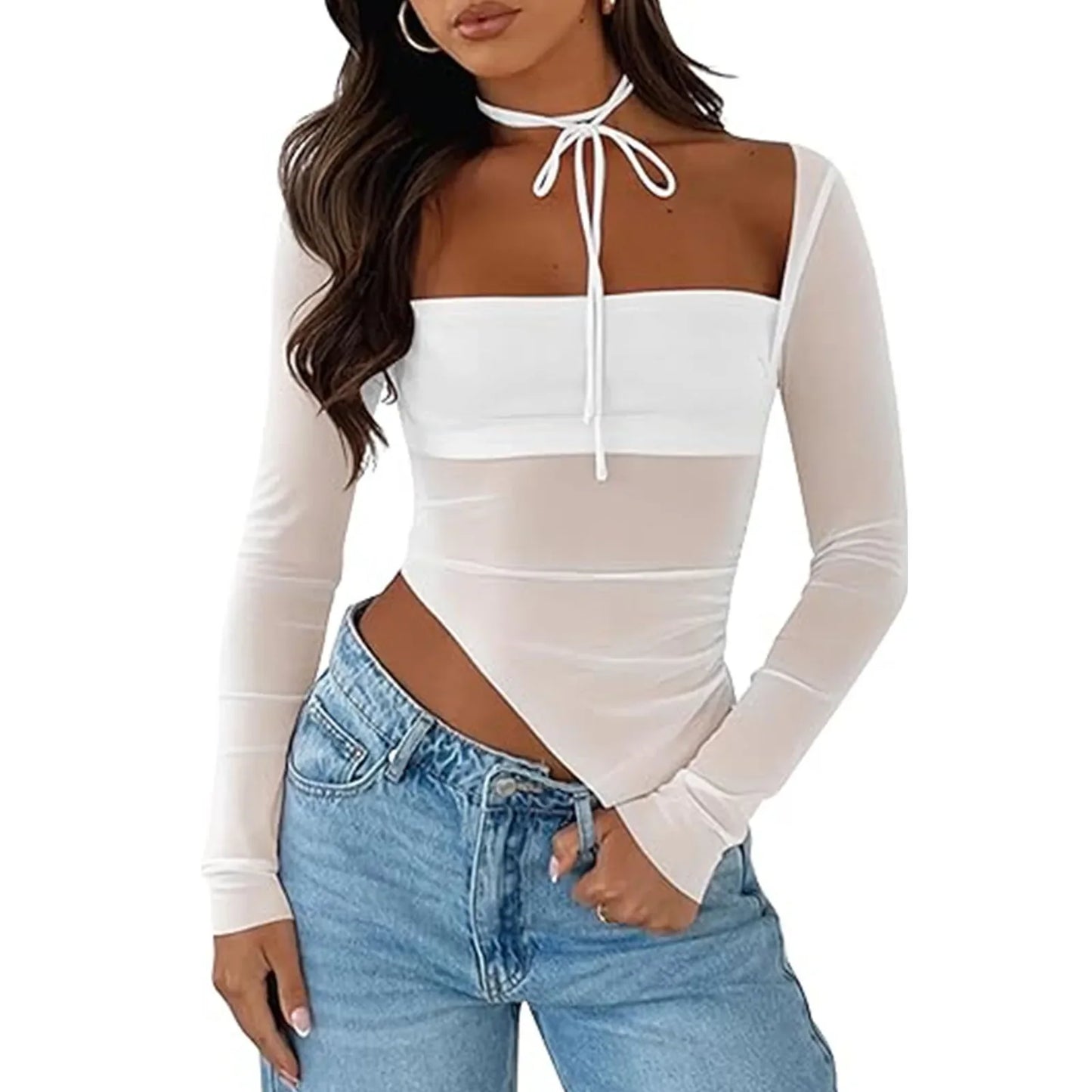 Sheer Mesh Crop Square Neck Long Sleeve Asymmetric Going Fairy Grunge Streetwear Sexy T-shirt