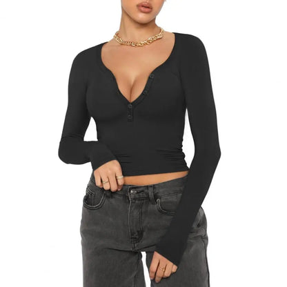 Women Deep Neck Long Sleeve Slim Button Neckline Crop Top