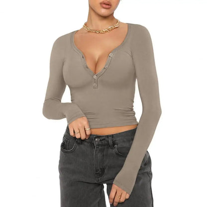 Women Deep Neck Long Sleeve Slim Button Neckline Crop Top