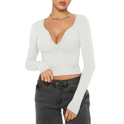 Women Deep Neck Long Sleeve Slim Button Neckline Crop Top