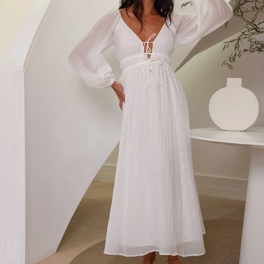 V Neck Tie Front Solid Color Long Sleeve Backless A-Line Party Beach Cocktail Club Maxi Sexy Dress