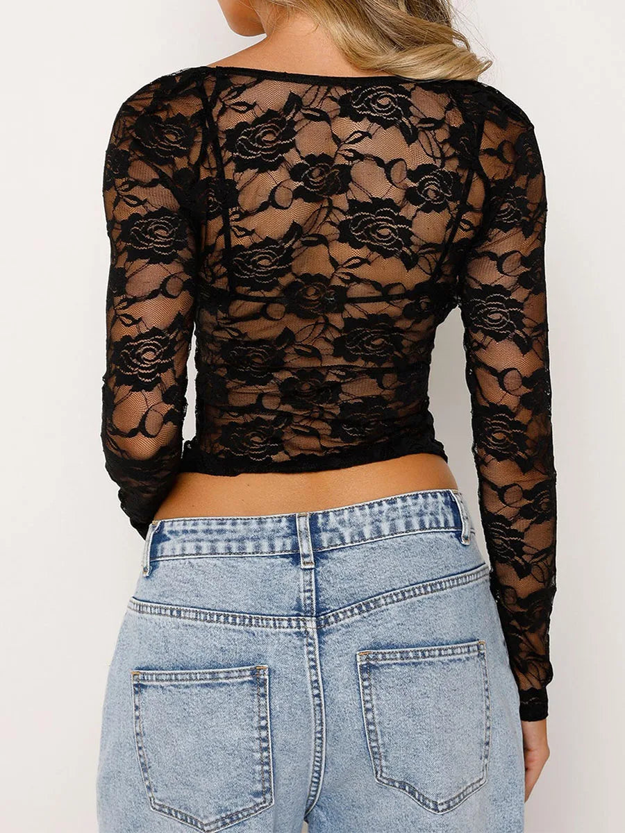 Lace Long Sleeve Cut Out Tie-Up V Neck Slim Fitted Shirt Blouse Crop Sheer Top