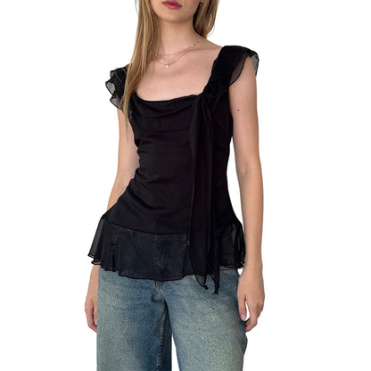 Mesh Sleeveless Backless 3D Tassel Frill Shirred Ruffle Trim Holiday Party Crop Sheer Top