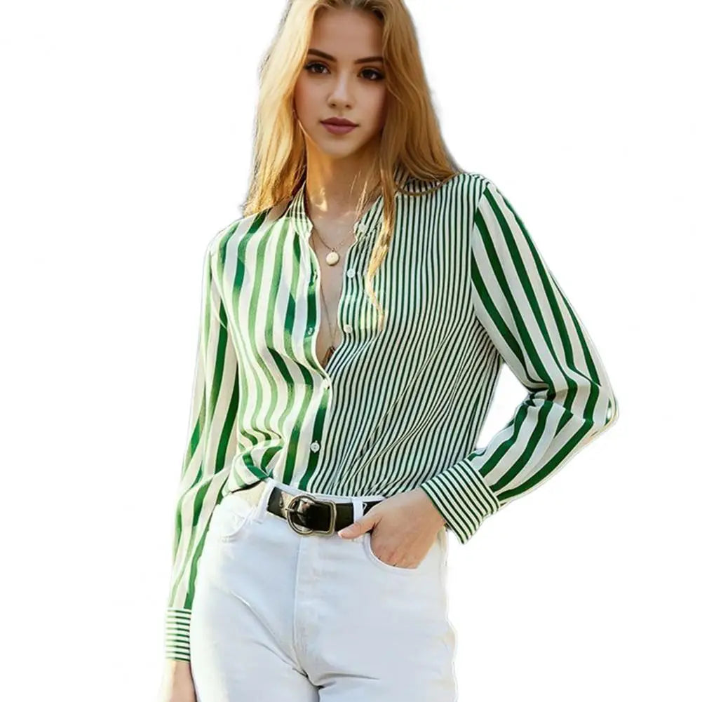 Women Shirt Lapel Long Sleeve Single Breasted Thin Striped Print Blouse