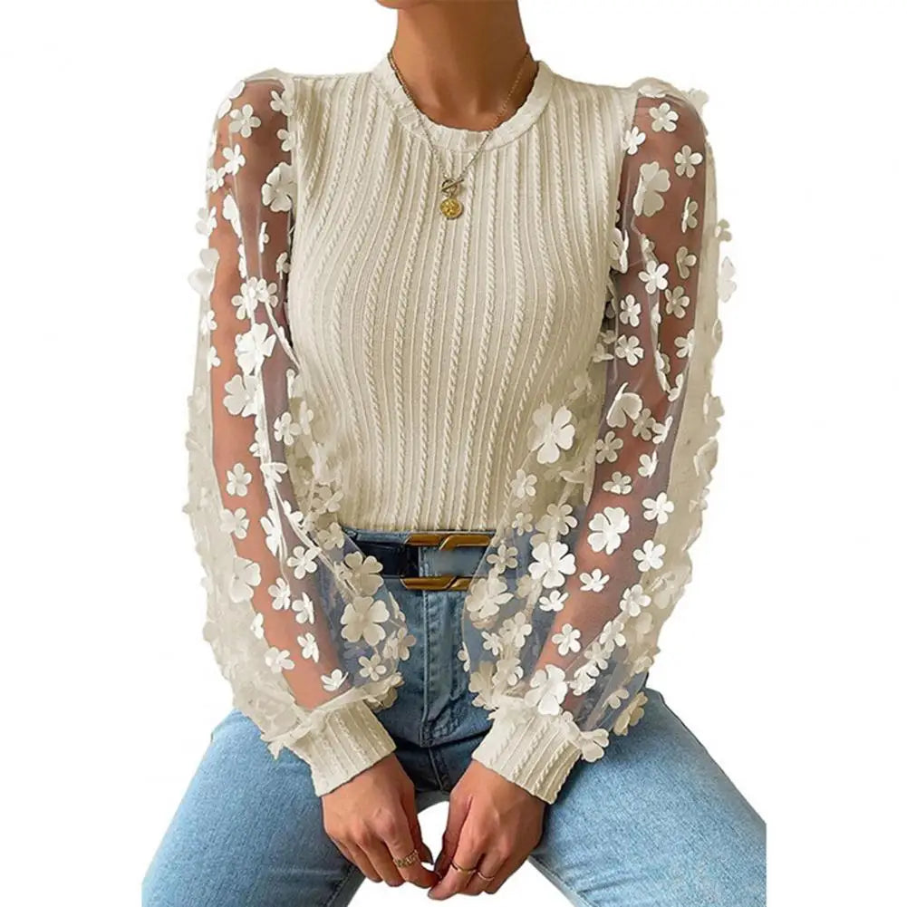 Women Shirt See-through Mesh Flower Long Sleeve Soft Blouse