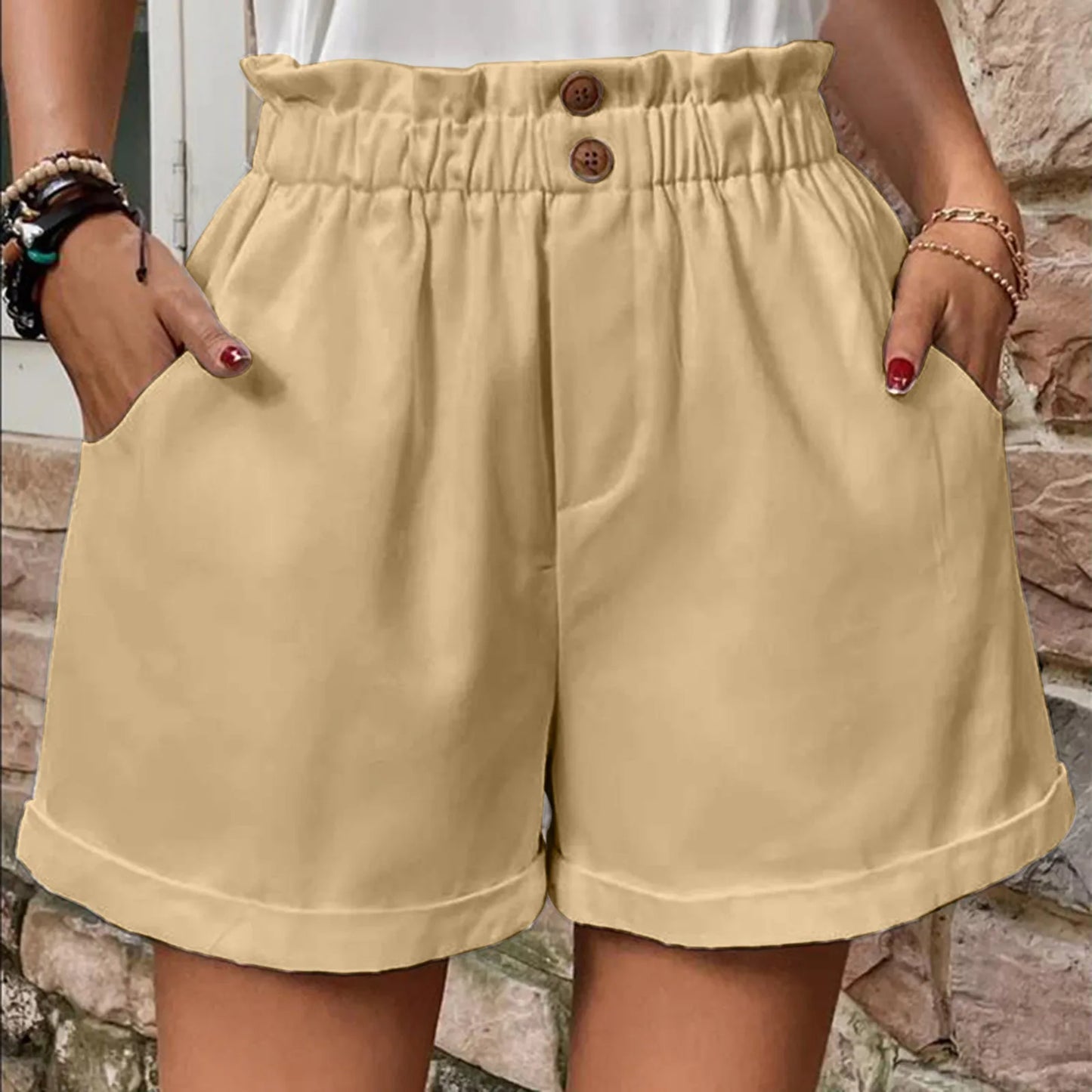 Summer 2024 Korean Wide Leg Casual Solid Button Elastic Waist Mini Beach Women Short