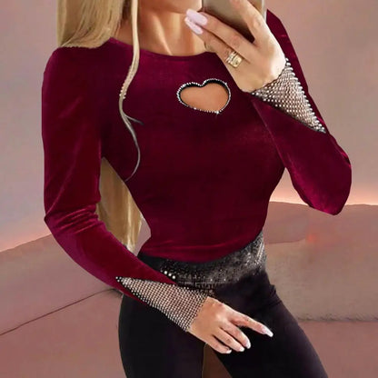 Women Fit T-shirt V-neck O-neck Long Sleeve Rhinestone Mesh Velvet Blouse