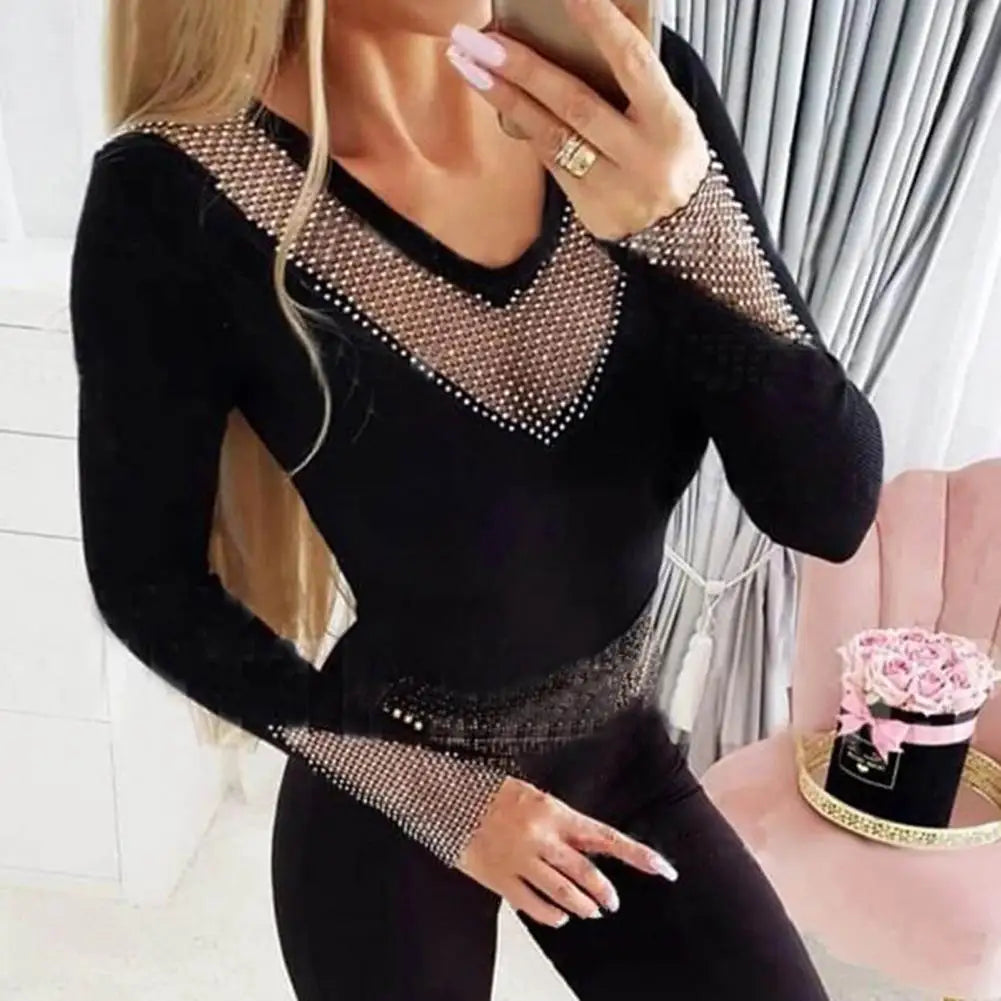 Women Fit T-shirt V-neck O-neck Long Sleeve Rhinestone Mesh Velvet Blouse