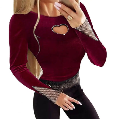 Women Fit T-shirt V-neck O-neck Long Sleeve Rhinestone Mesh Velvet Blouse