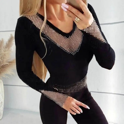 Women Fit T-shirt V-neck O-neck Long Sleeve Rhinestone Mesh Velvet Blouse