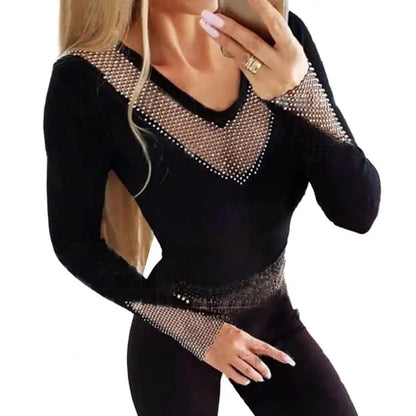 Women Fit T-shirt V-neck O-neck Long Sleeve Rhinestone Mesh Velvet Blouse