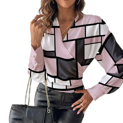 Women Spring Casual V-Neck Cuffed Long Sleeve Plaid Striped Blouse