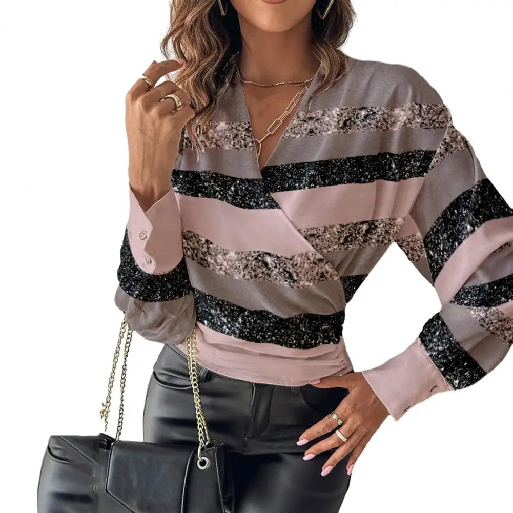 Women Spring Casual V-Neck Cuffed Long Sleeve Plaid Striped Blouse