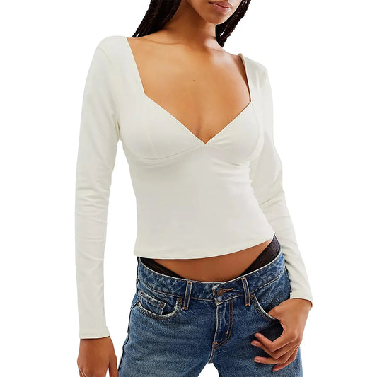 Autumn Slim Fit Backless Long Sleeve Side Slit Trendy Solid Color Spring T-shirt