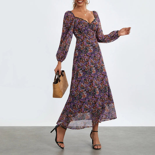 Fall Casual Floral Print Sweetheart Neckline Long Puff Sleeve Fashion Backless Holiday Maxi Spring Dress