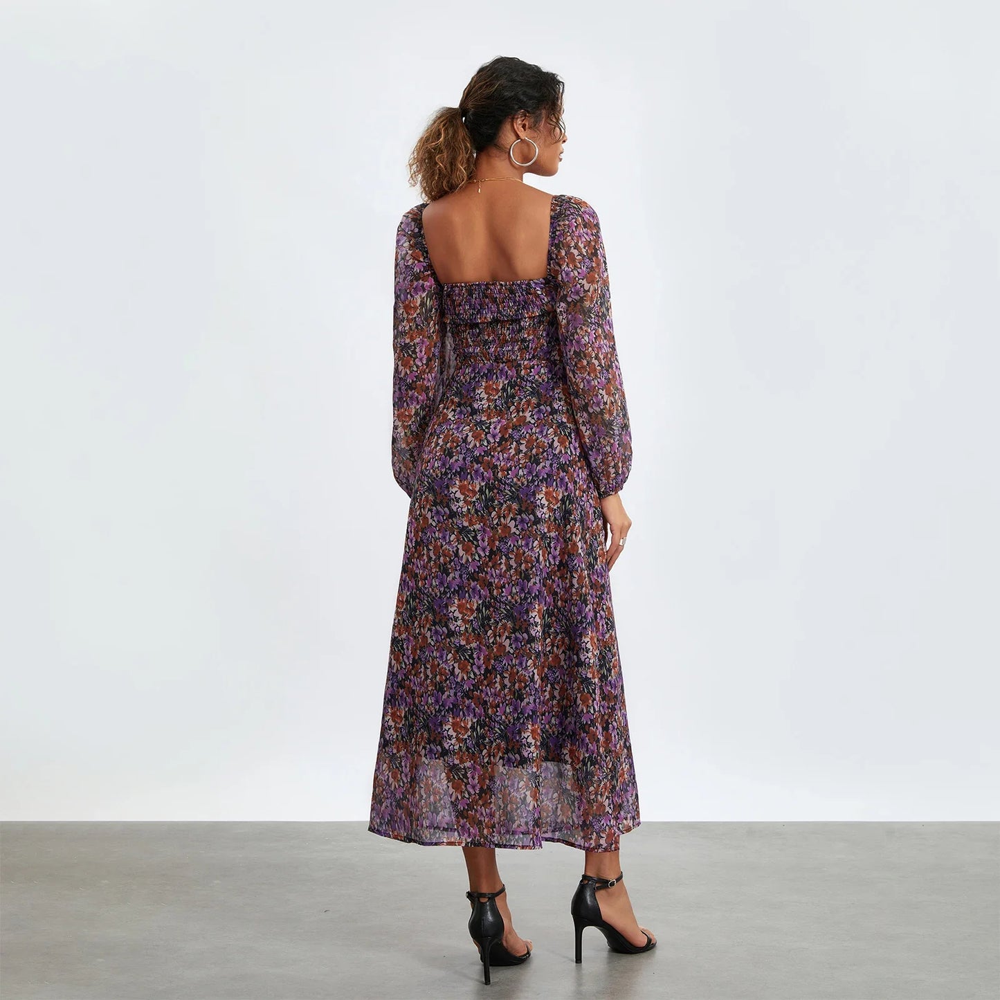 Fall Casual Floral Print Sweetheart Neckline Long Puff Sleeve Fashion Backless Holiday Maxi Spring Dress