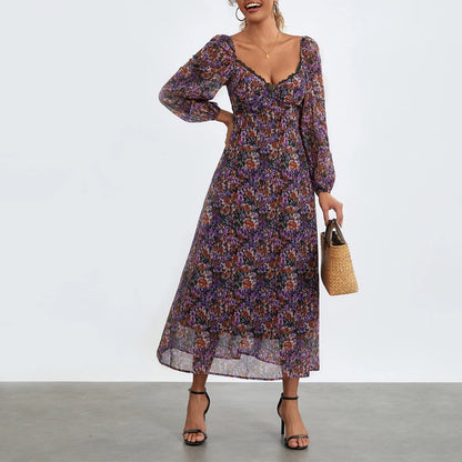 Fall Casual Floral Print Sweetheart Neckline Long Puff Sleeve Fashion Backless Holiday Maxi Spring Dress