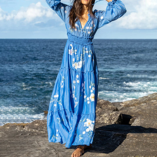 Summer Beach Casual Floral Print V-Neck Long Sleeve Fashion Holiday Maxi pring Dress