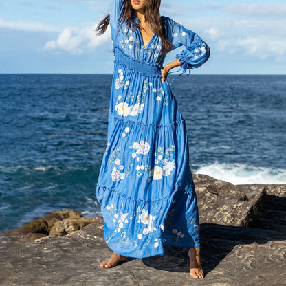 Summer Beach Casual Floral Print V-Neck Long Sleeve Fashion Holiday Maxi pring Dress