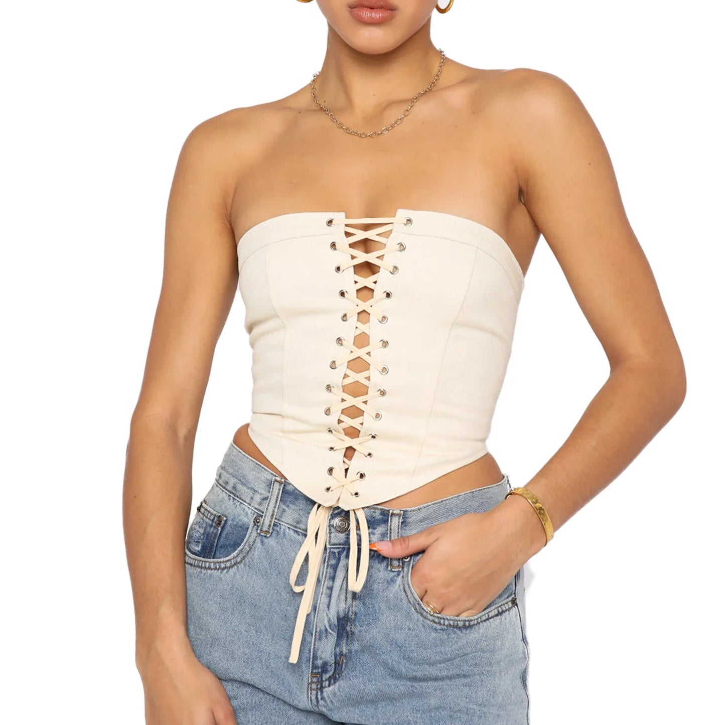 Y2K Off Shoulder Lace Up Push Up Bustier Slim Summer Crop Sexy Top