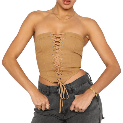 Y2K Off Shoulder Lace Up Push Up Bustier Slim Summer Crop Sexy Top