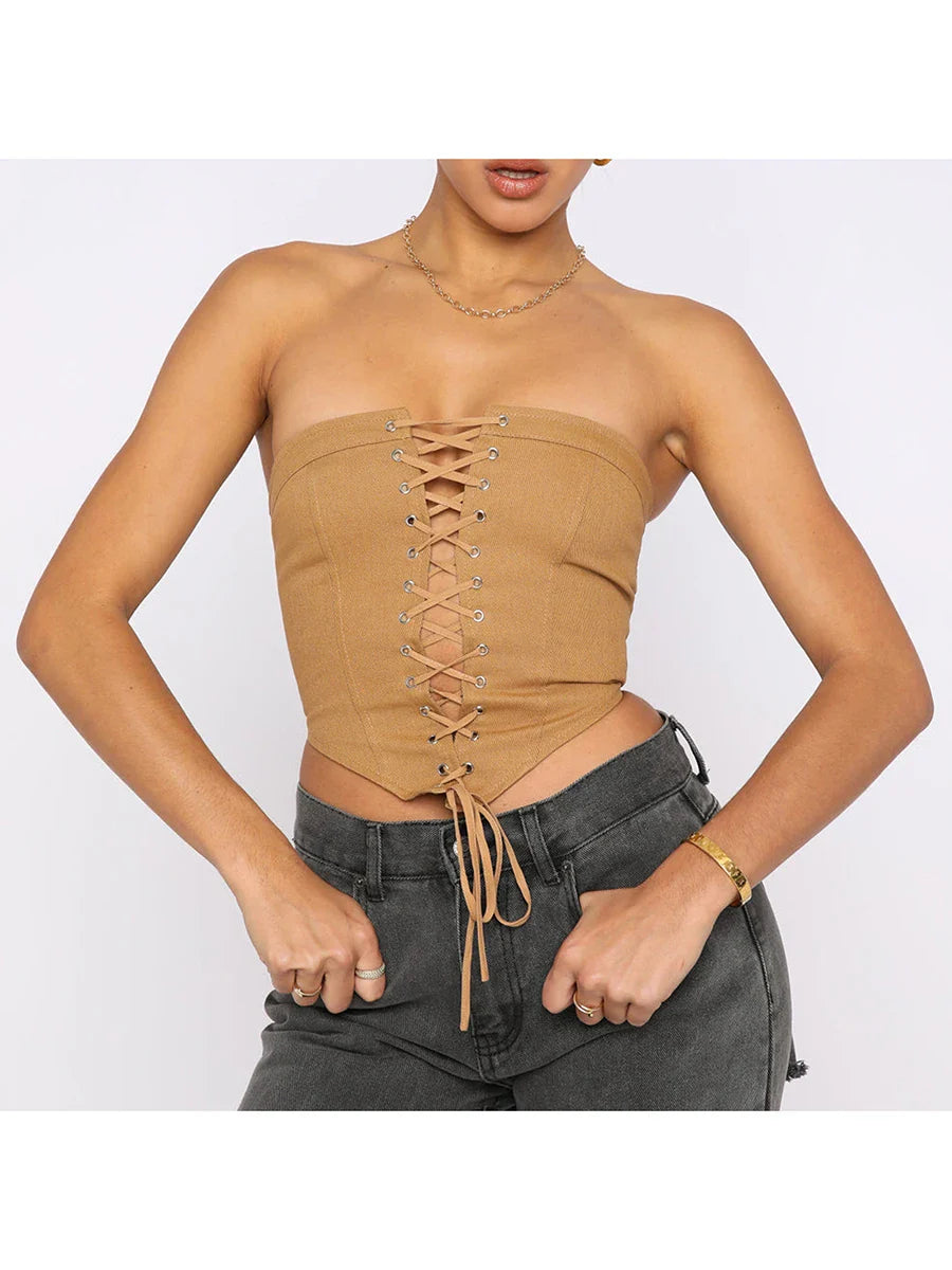 Y2K Off Shoulder Lace Up Push Up Bustier Slim Summer Crop Sexy Top