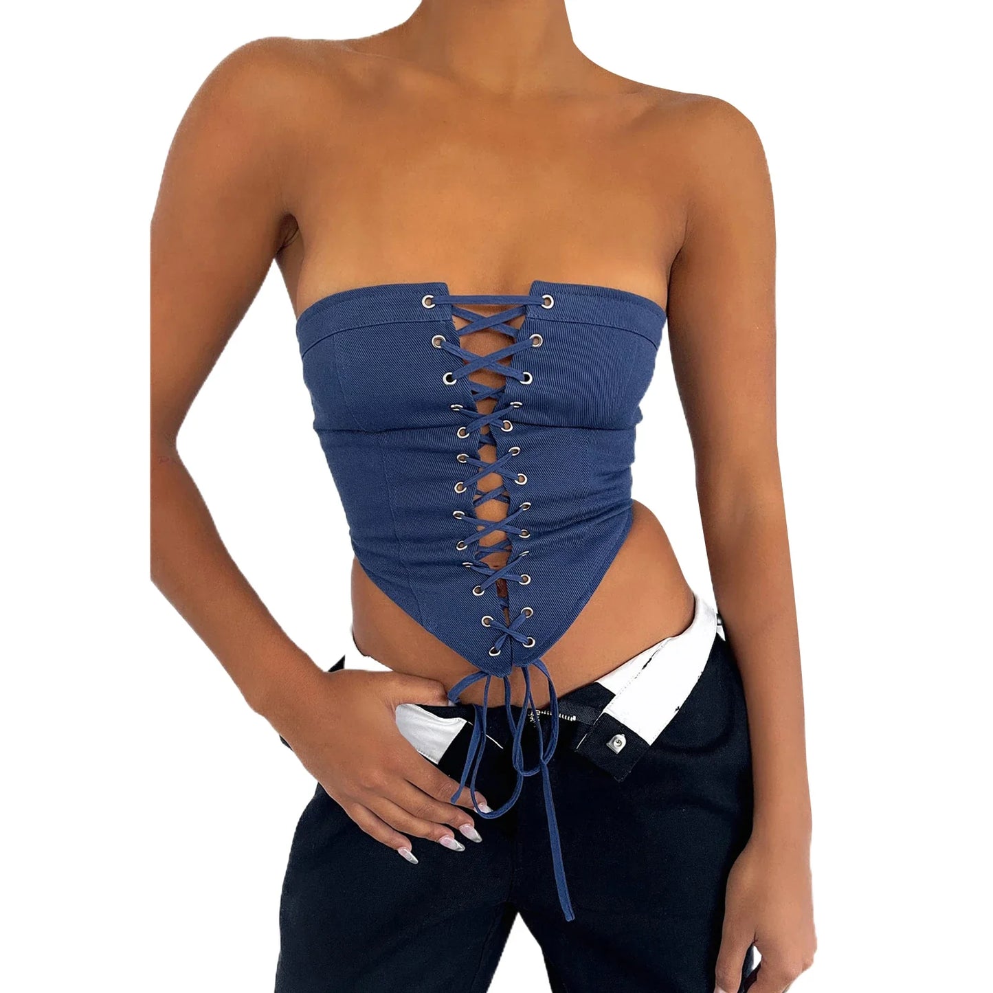 Y2K Off Shoulder Lace Up Push Up Bustier Slim Summer Crop Sexy Top