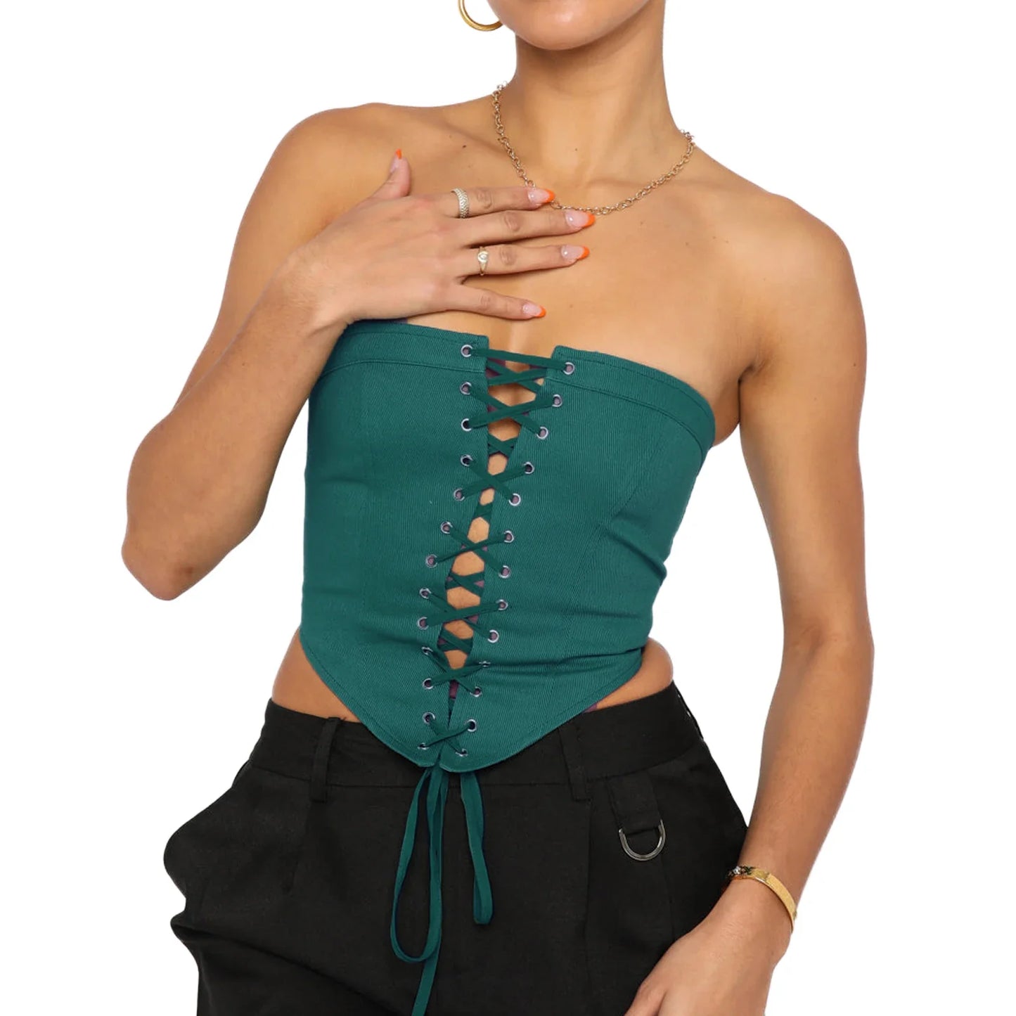 Y2K Off Shoulder Lace Up Push Up Bustier Slim Summer Crop Sexy Top