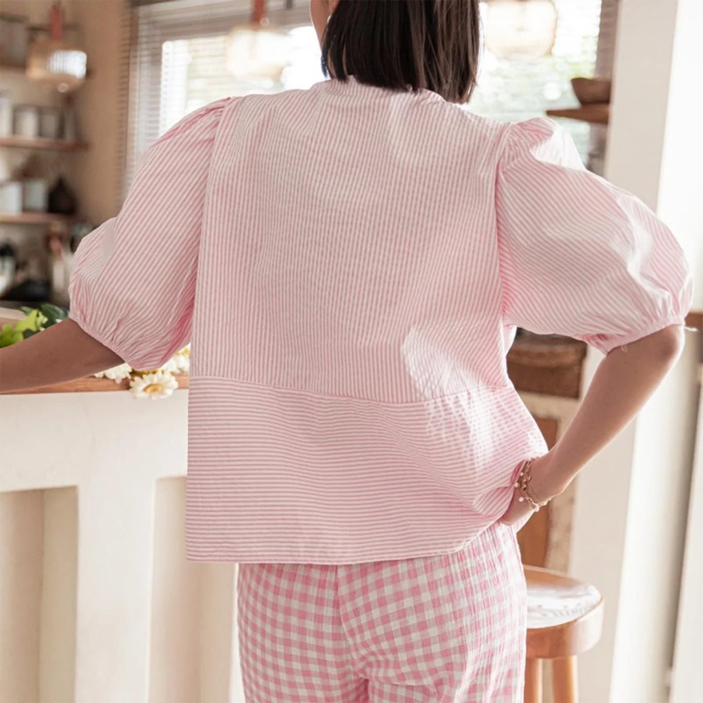 Basic Striped Print Tie Front Short Sleeve Aesthetic Grunge Summer Blouse