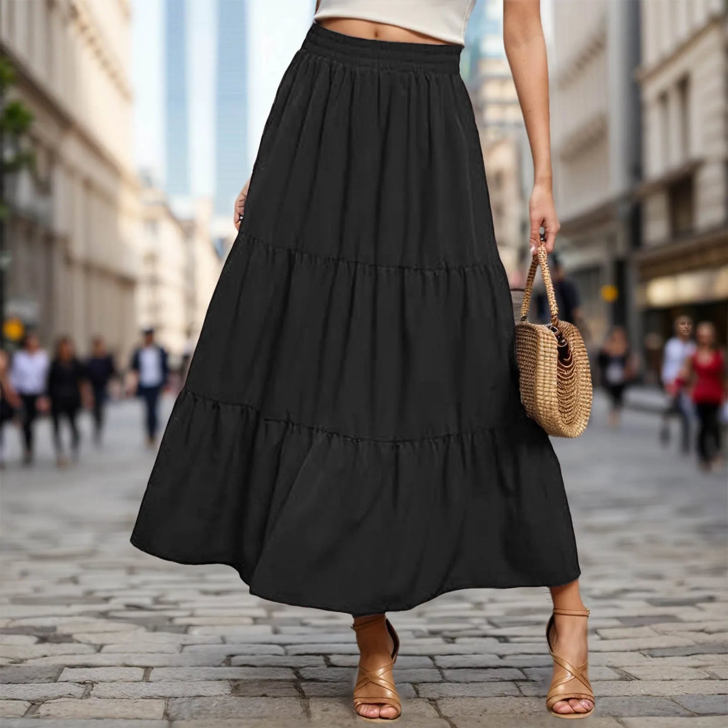 Elastic High Waist Pleated A Line Flowy Ruffle Swing Tiered Long Beach Vintage Casual Linen Summer Skirt