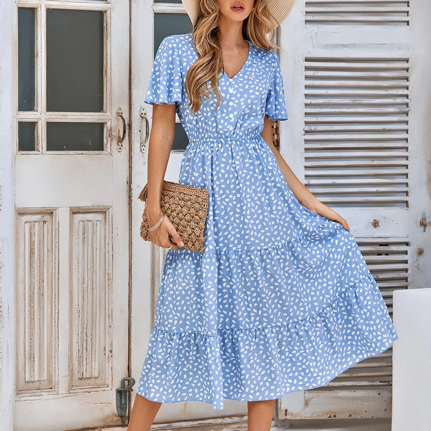 New V Neck Beach Polka Dots Print Ruffles Elegant Short Sleeve Women's Midi 2024 Dress