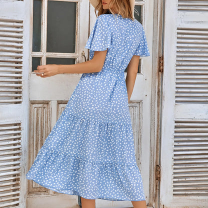 New V Neck Beach Polka Dots Print Ruffles Elegant Short Sleeve Women's Midi 2024 Dress