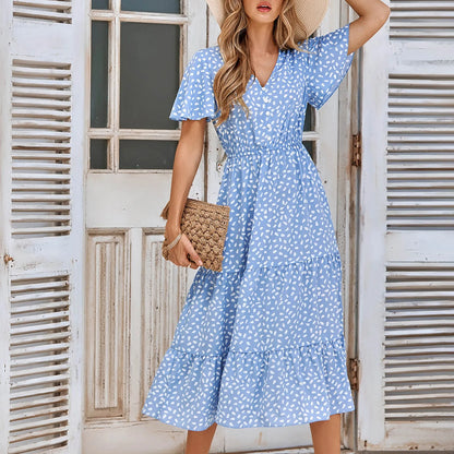 New V Neck Beach Polka Dots Print Ruffles Elegant Short Sleeve Women's Midi 2024 Dress