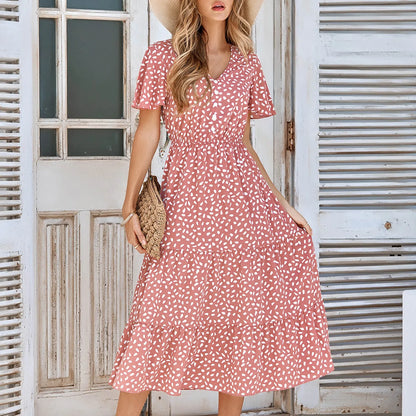 New V Neck Beach Polka Dots Print Ruffles Elegant Short Sleeve Women's Midi 2024 Dress