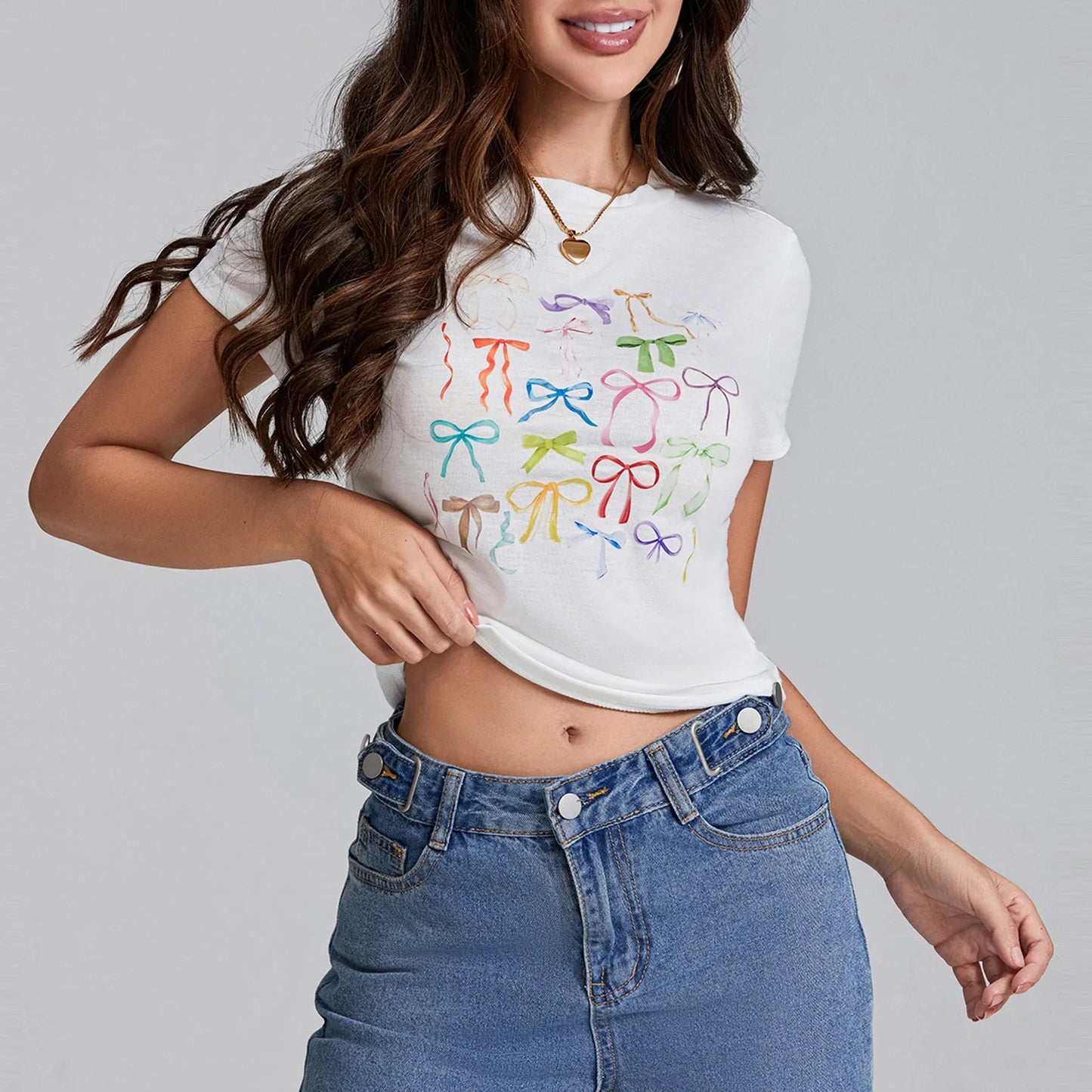 Graphic Print Baby Bow Pattern Crewneck Short Sleeve Aesthetic Crop E Girls Streetwear Summer T-shirt