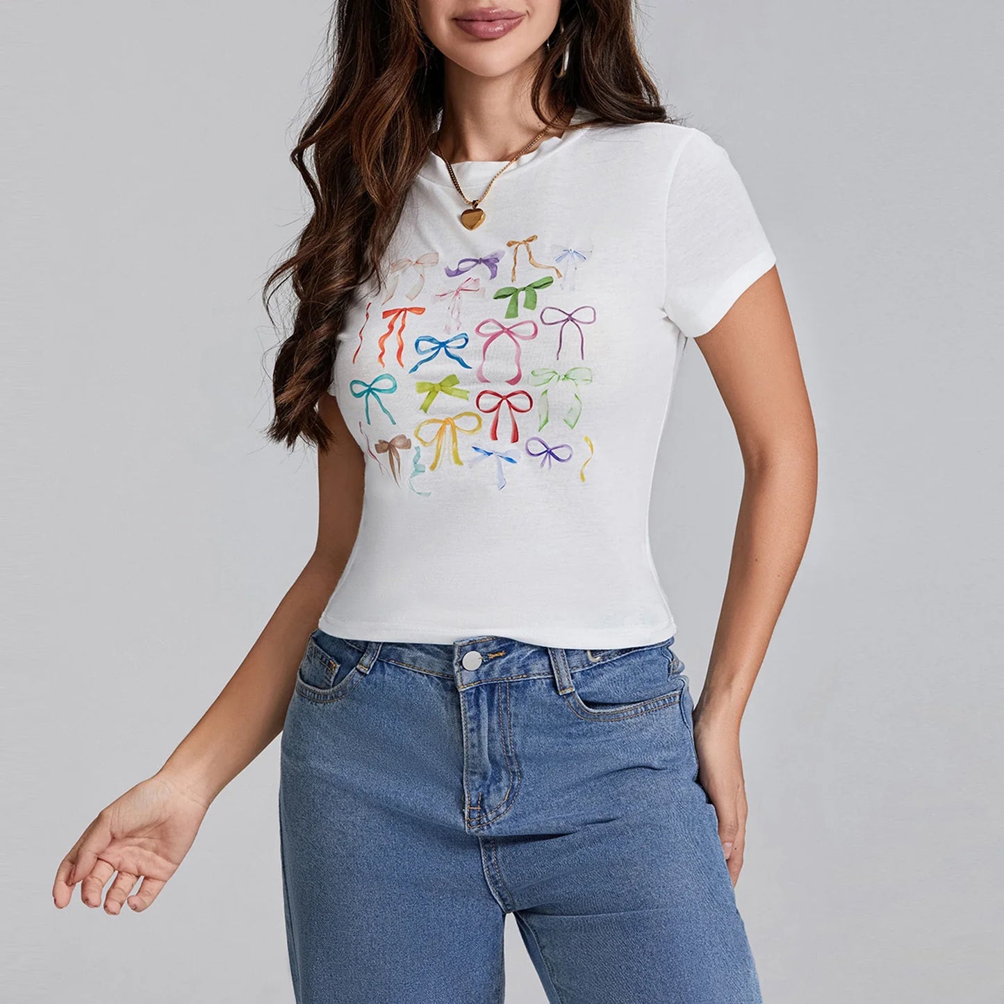 Graphic Print Baby Bow Pattern Crewneck Short Sleeve Aesthetic Crop E Girls Streetwear Summer T-shirt