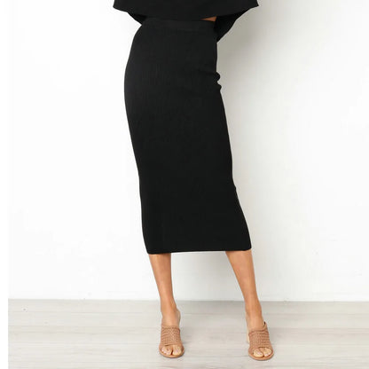 Summer Long Knitted Slim Elegant New Spring Chic Stylish Bodycon Black Midi Skirt