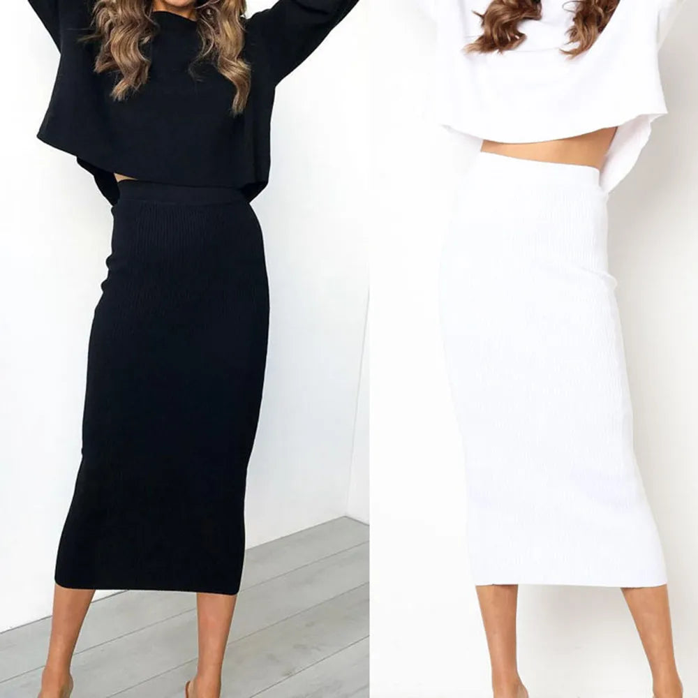 Summer Long Knitted Slim Elegant New Spring Chic Stylish Bodycon Black Midi Skirt