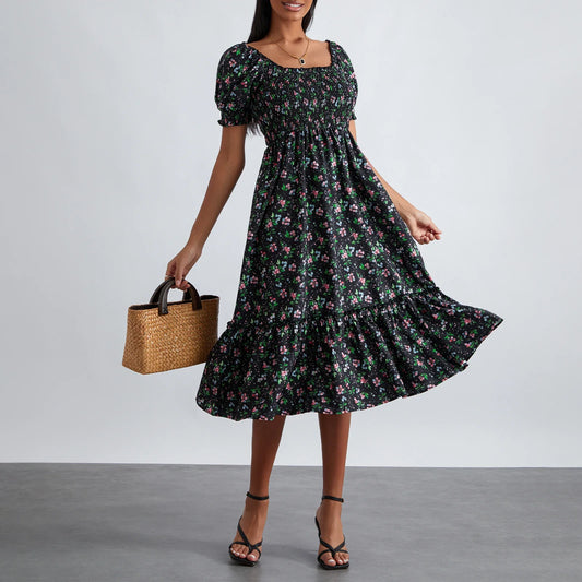 Retro Floral Print Square Neck Short Puff Sleeve A-Line Ruched Backless Beach Party Maxi Summer Dress