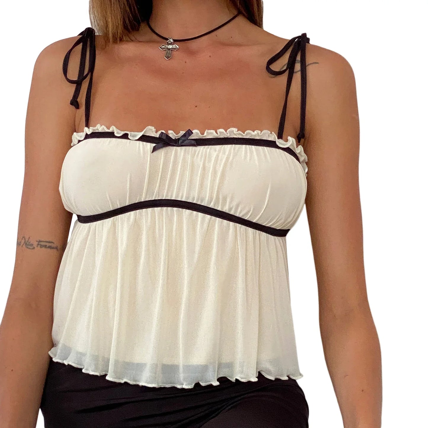 Summer Ruched Crop Tops Sexy Lace Mesh Sheer Camisole Bow Tie-up Backless Tank Women Top