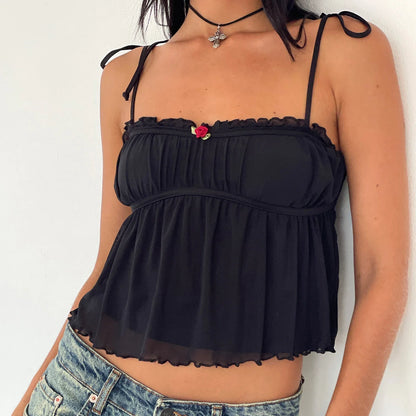 Summer Ruched Crop Tops Sexy Lace Mesh Sheer Camisole Bow Tie-up Backless Tank Women Top