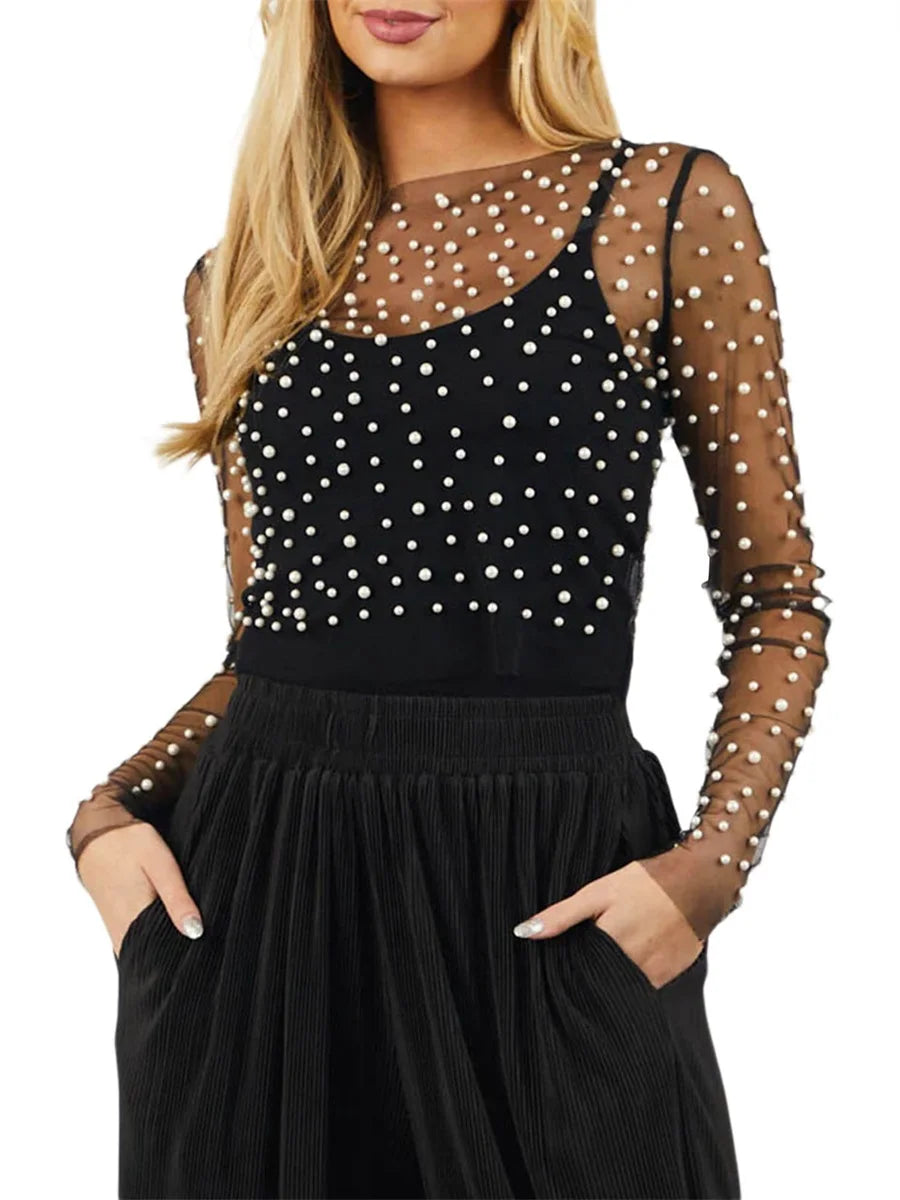 Summer See-through Crew Neck Pearls Decor Slim Fit Party Clubwear Women T-shirt